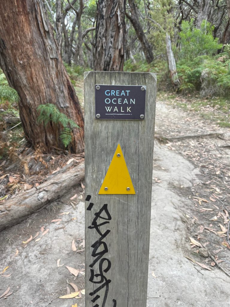 Great Ocean Walk post with a yellow arrow pointing in the direction of travel. With a dirt trail and gum trees in the background.