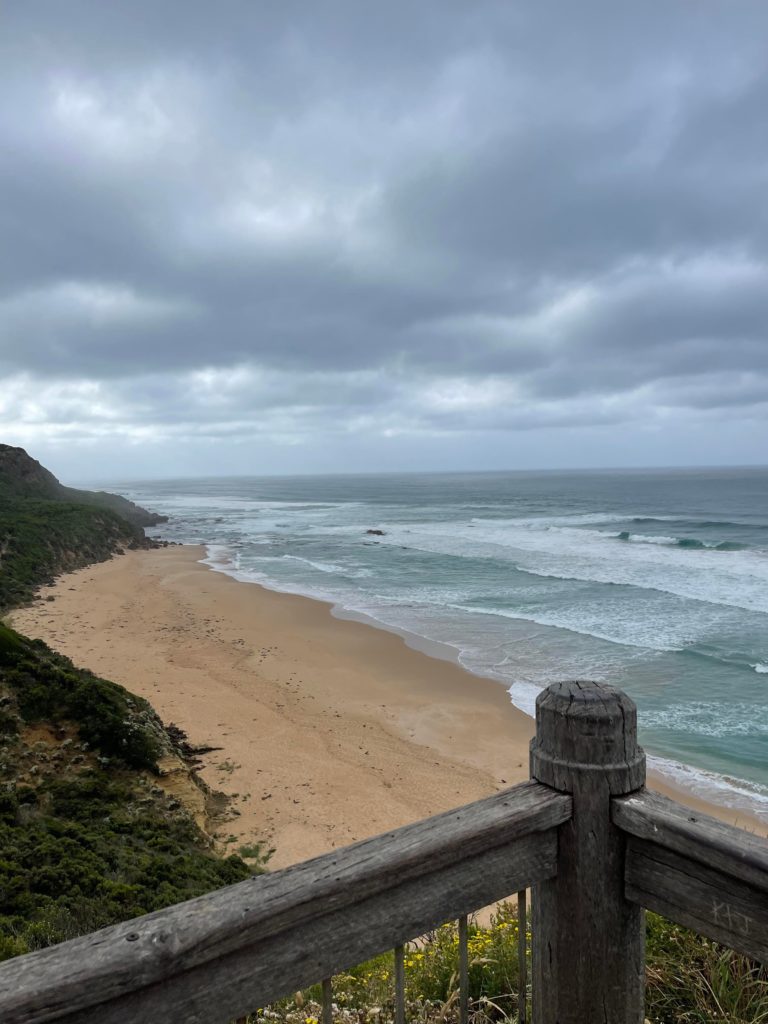 A view from a lookout of Johanna Beach, the waves are rolling in and the sky is very overcast and grey.