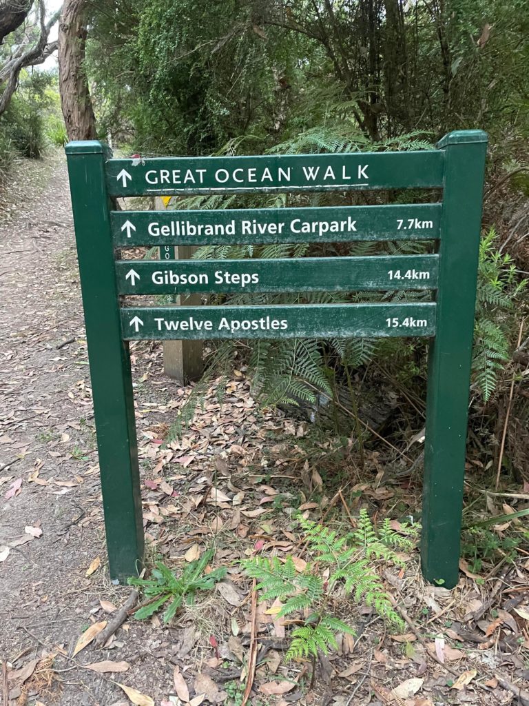 Signage along the way of the Great Ocean Walk. The sign is wooden slats with white writing and arrows showing the milestones. There is a dirt trail in the background and ferns behind the sign.