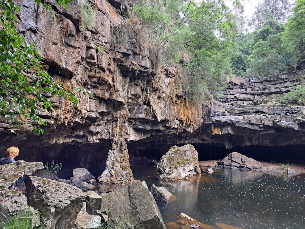 The magnificent cave of the Den of Nargun, it is raining and you can see the rain drops in the pond infront of the cave, there are various colours of lichen growing on the rocks and above the rock formation are trees growing in various shades of green.