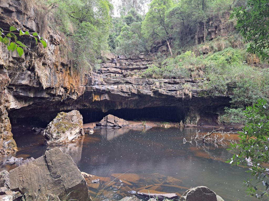 Another view point of the magnificent cave of the Den of Nargun, it is raining and you can see the rain drops in the pond infront of the cave, there are various colours of lichen growing on the rocks and above the rock formation are trees growing in various shades of green.