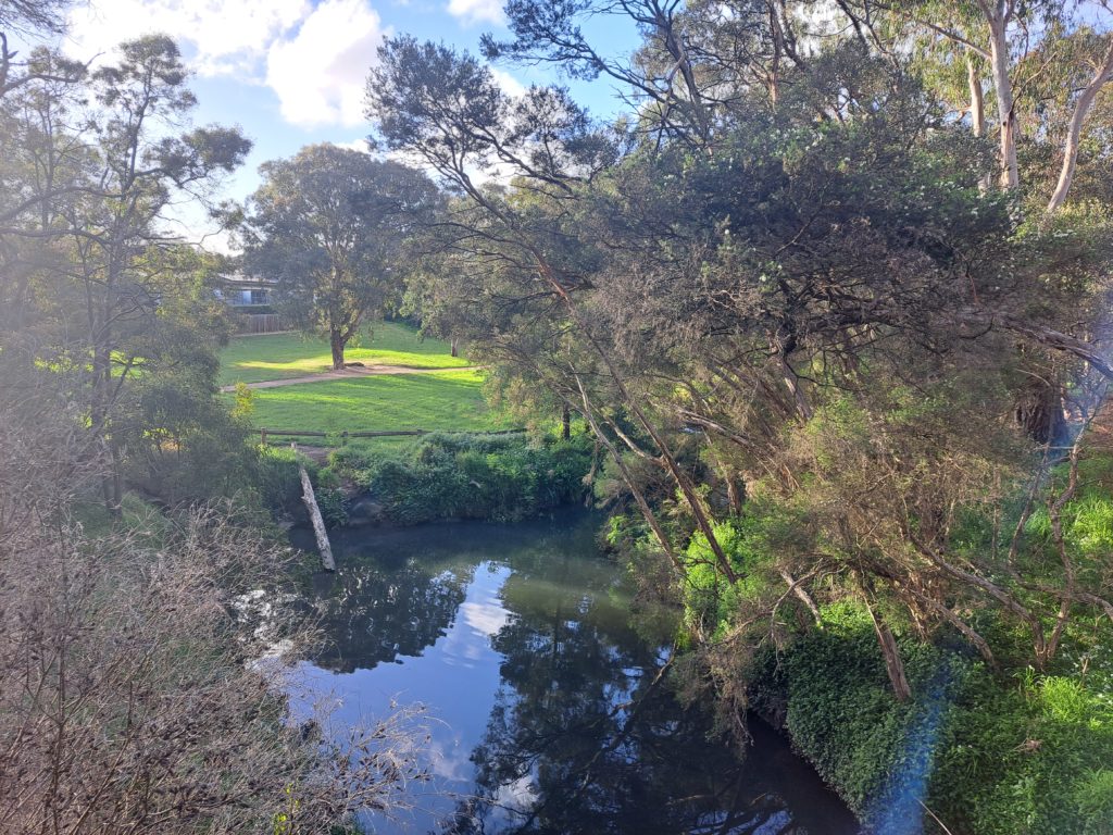 The from a bridge that is not on the photo. The bend of the creek with beautiful reflections of trees and the sky on the water.